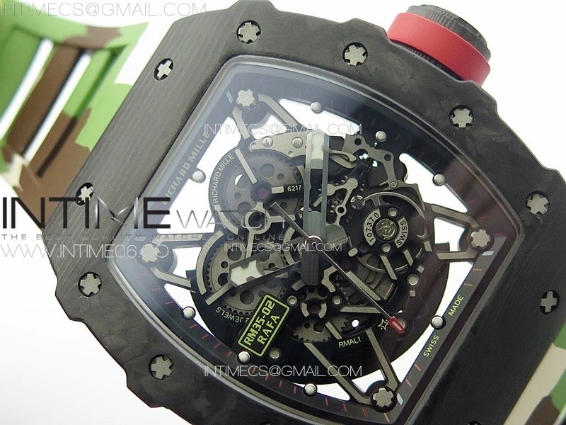 RM035-02 Forged Carbon Case KUF Best Edition Red Crown on Camouflage Rubber Strap MIYOTA8215