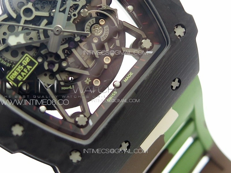 RM035-02 Forged Carbon Case KUF Best Edition Red Crown on Camouflage Rubber Strap MIYOTA8215
