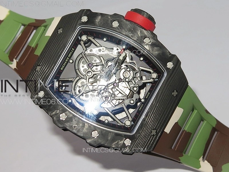 RM035-02 Forged Carbon Case KUF Best Edition Red Crown on Camouflage Rubber Strap MIYOTA8215