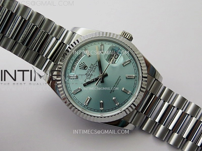 Day Date 128239 Gain Weight SS QF 1:1 Best Edition Ice Blue Dial Diamond Markers on SS President Bracelet