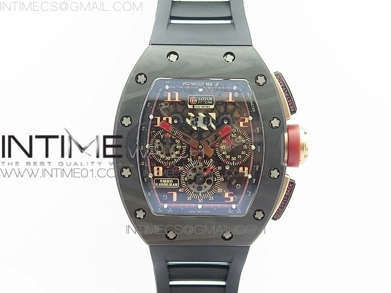 RM011 NTPT Lotus F1 Team Carbon Case Chronograph KVF 1:1 Best Edition Crystal Skeleton Dial Blue on Black Rubber Strap A7750