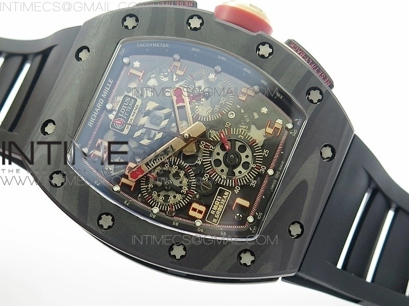 RM011 NTPT Lotus F1 Team Carbon Case Chronograph KVF 1:1 Best Edition Crystal Skeleton Dial Blue on Black Rubber Strap A7750