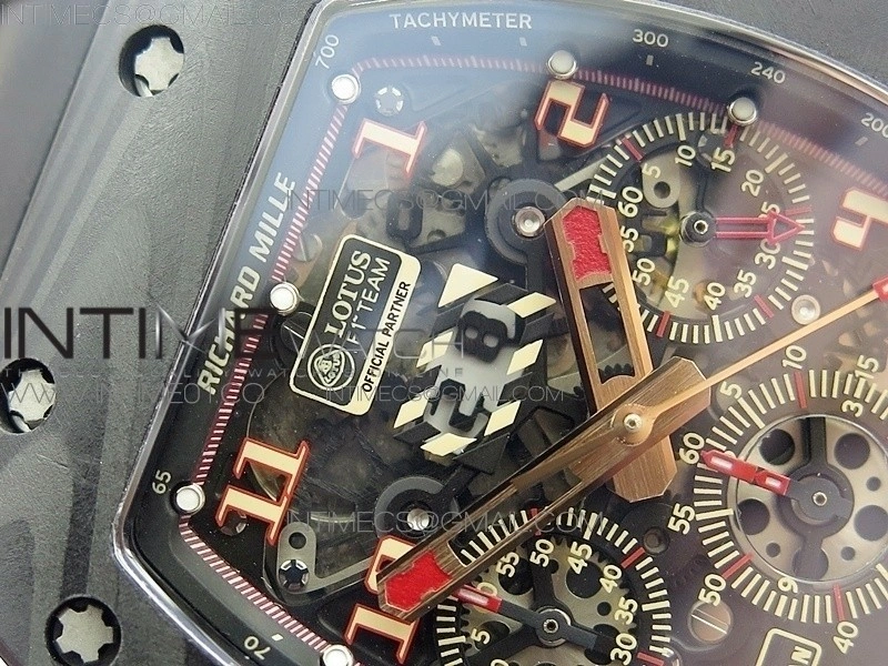 RM011 NTPT Lotus F1 Team Carbon Case Chronograph KVF 1:1 Best Edition Crystal Skeleton Dial Blue on Black Rubber Strap A7750
