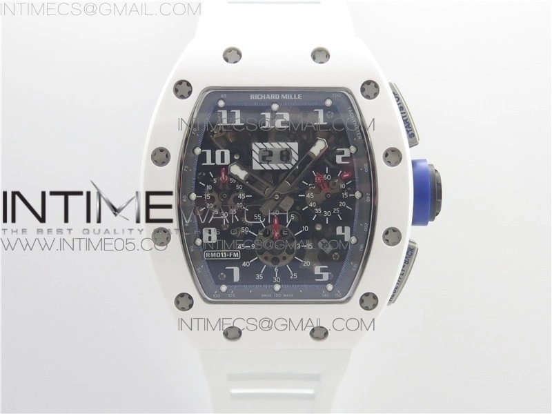 RM011 Real White Ceramic Chronograph KVF 1:1 Best Edition Crystal Skeleton Dial Blue on White Rubber Strap A7750