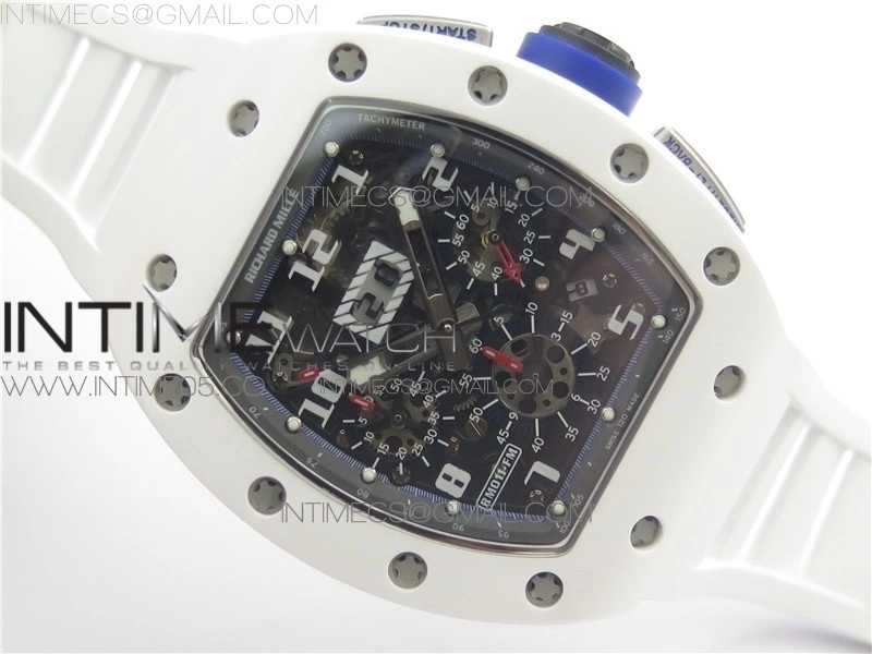RM011 Real White Ceramic Chronograph KVF 1:1 Best Edition Crystal Skeleton Dial Blue on White Rubber Strap A7750