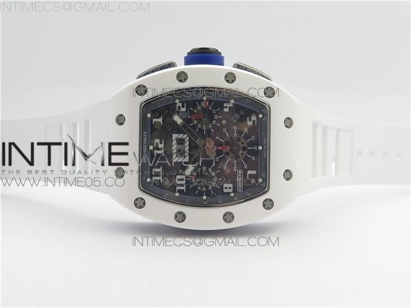 RM011 Real White Ceramic Chronograph KVF 1:1 Best Edition Crystal Skeleton Dial Blue on White Rubber Strap A7750
