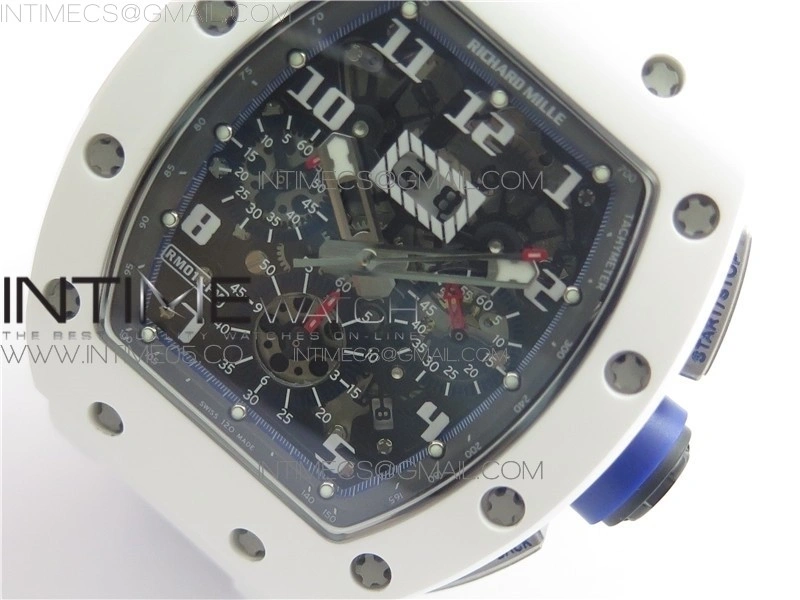 RM011 Real White Ceramic Chronograph KVF 1:1 Best Edition Crystal Skeleton Dial Blue on White Rubber Strap A7750