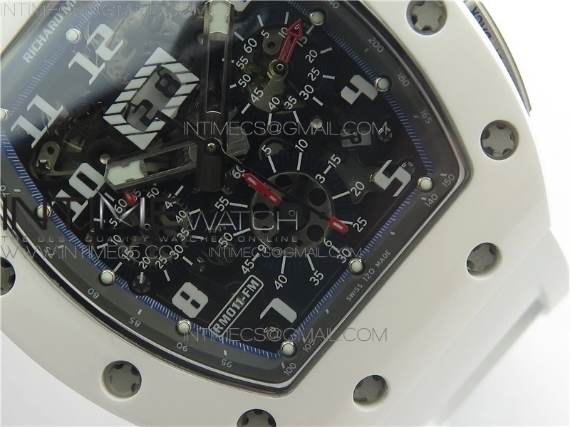 RM011 Real White Ceramic Chronograph KVF 1:1 Best Edition Crystal Skeleton Dial Blue on White Rubber Strap A7750
