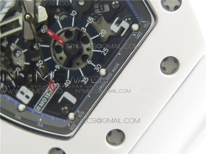 RM011 Real White Ceramic Chronograph KVF 1:1 Best Edition Crystal Skeleton Dial Blue on White Rubber Strap A7750