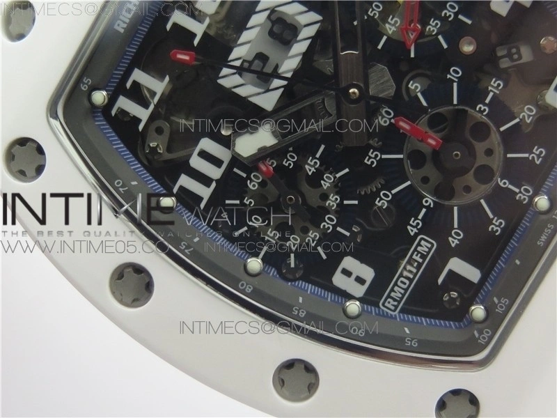 RM011 Real White Ceramic Chronograph KVF 1:1 Best Edition Crystal Skeleton Dial Blue on White Rubber Strap A7750