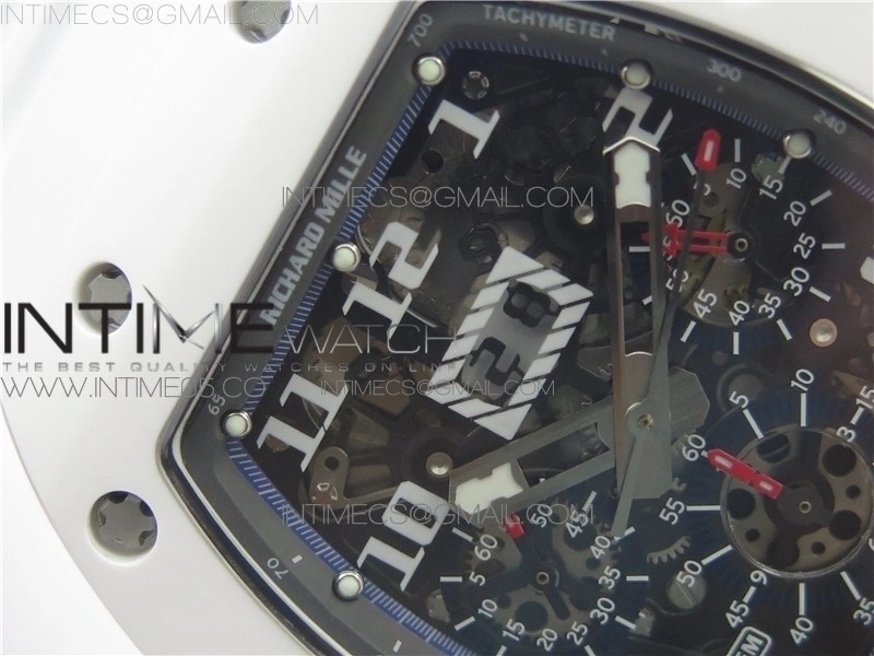 RM011 Real White Ceramic Chronograph KVF 1:1 Best Edition Crystal Skeleton Dial Blue on White Rubber Strap A7750