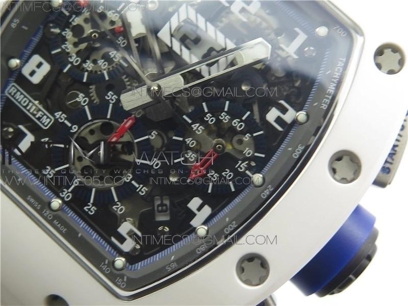 RM011 Real White Ceramic Chronograph KVF 1:1 Best Edition Crystal Skeleton Dial Blue on White Rubber Strap A7750