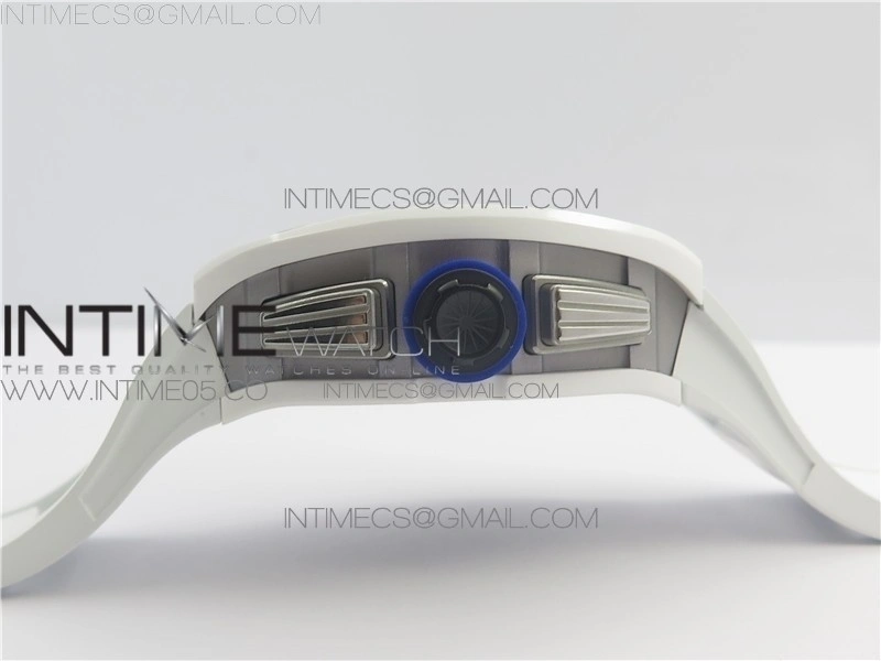 RM011 Real White Ceramic Chronograph KVF 1:1 Best Edition Crystal Skeleton Dial Blue on White Rubber Strap A7750