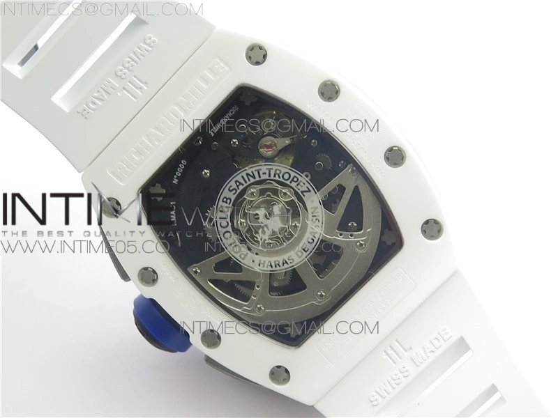 RM011 Real White Ceramic Chronograph KVF 1:1 Best Edition Crystal Skeleton Dial Blue on White Rubber Strap A7750