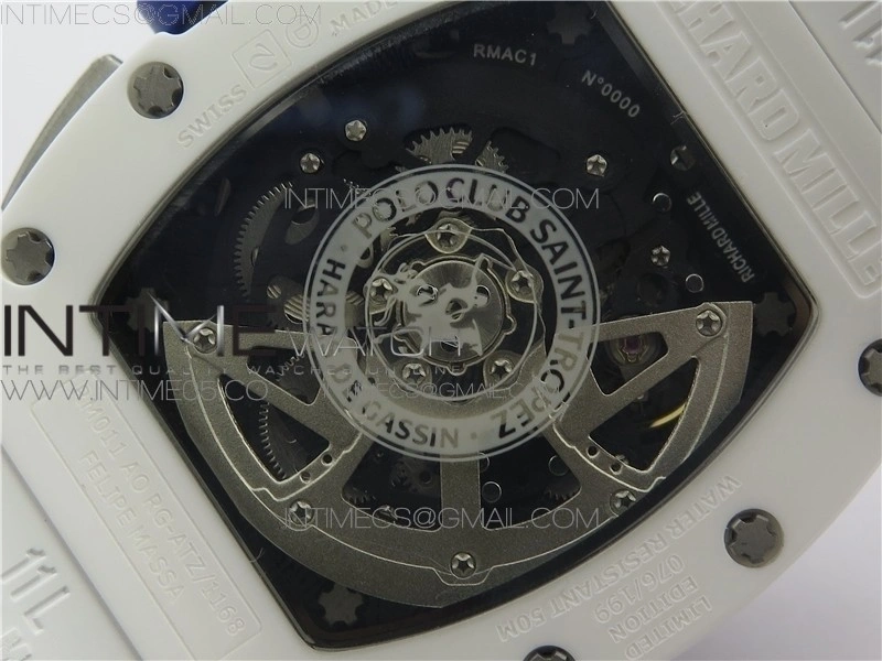 RM011 Real White Ceramic Chronograph KVF 1:1 Best Edition Crystal Skeleton Dial Blue on White Rubber Strap A7750