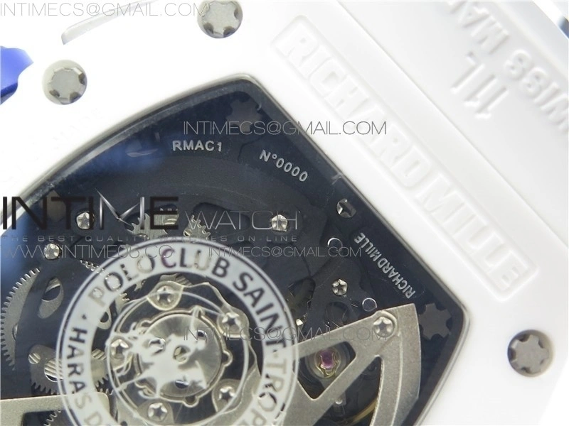 RM011 Real White Ceramic Chronograph KVF 1:1 Best Edition Crystal Skeleton Dial Blue on White Rubber Strap A7750