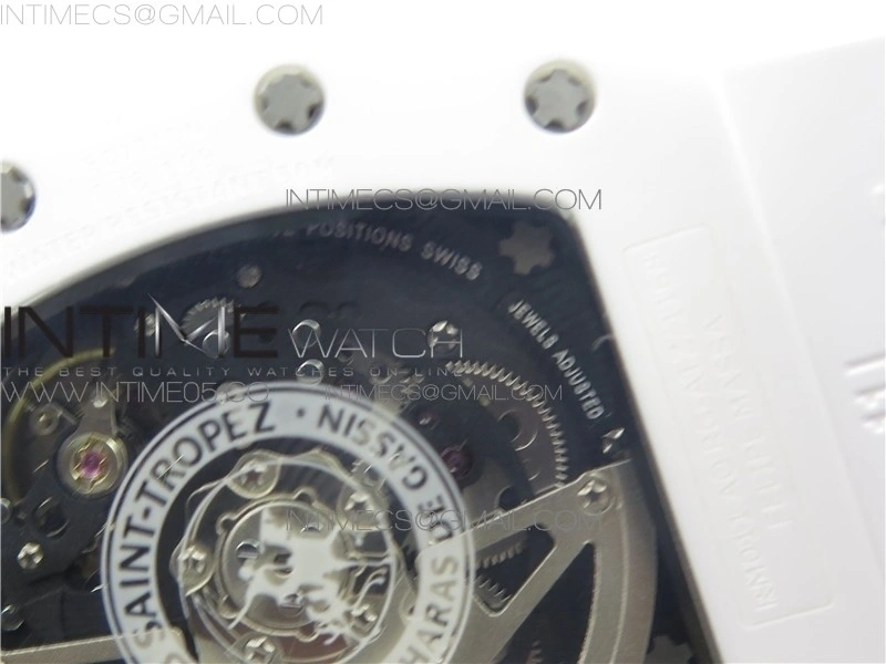 RM011 Real White Ceramic Chronograph KVF 1:1 Best Edition Crystal Skeleton Dial Blue on White Rubber Strap A7750
