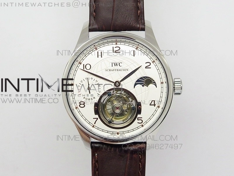 Portuguese Tourbillon SS AXF White Dial Gold Numbers moonphase on Brown Leather Strap