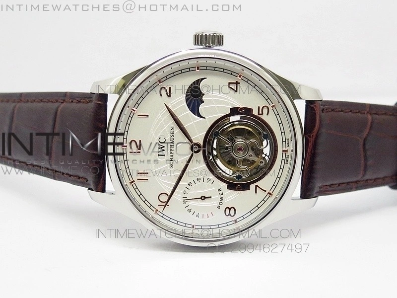 Portuguese Tourbillon SS AXF White Dial Gold Numbers moonphase on Brown Leather Strap