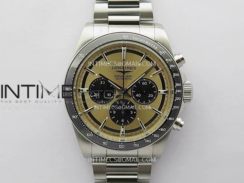 Conquest Chronograph 42mm Black Ceramic Bezel SS AF 1:1 Best Edition Brown Dial On SS Bracelet A7750