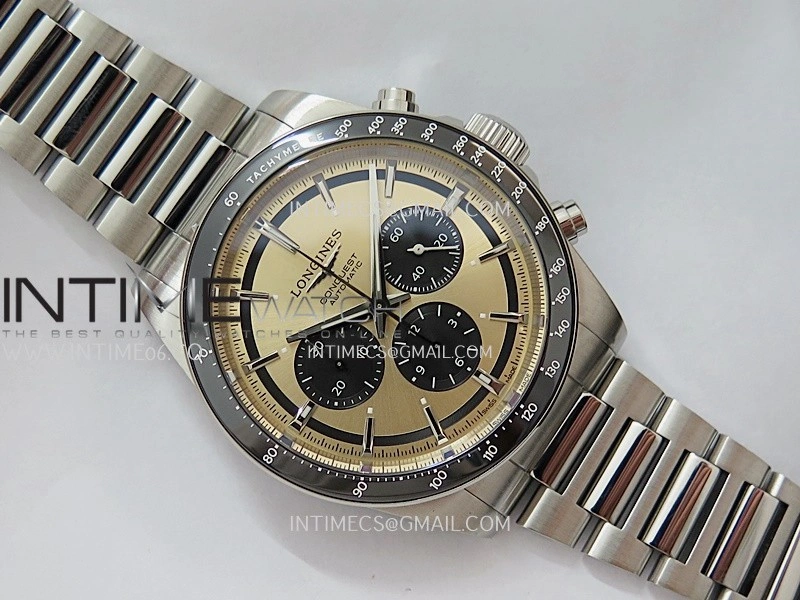 Conquest Chronograph 42mm Black Ceramic Bezel SS AF 1:1 Best Edition Brown Dial On SS Bracelet A7750