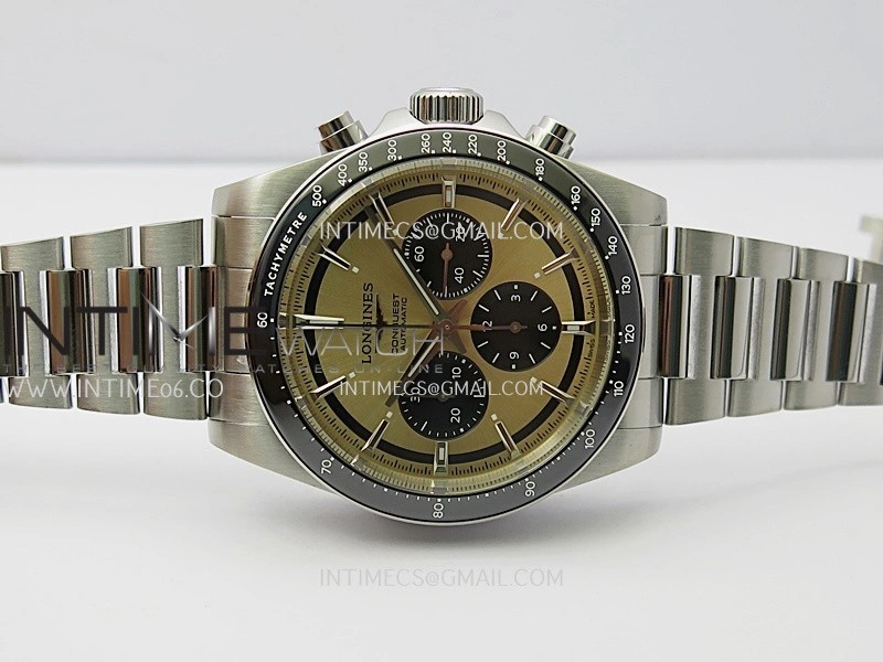 Conquest Chronograph 42mm Black Ceramic Bezel SS AF 1:1 Best Edition Brown Dial On SS Bracelet A7750