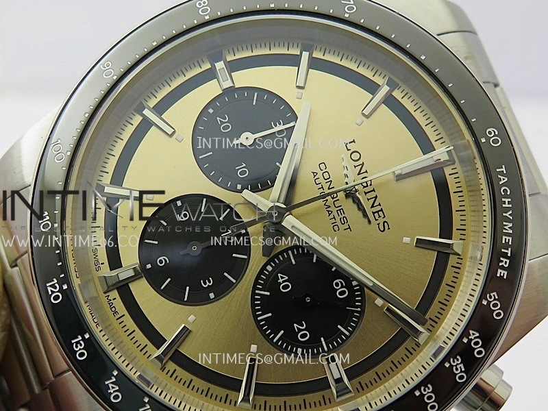 Conquest Chronograph 42mm Black Ceramic Bezel SS AF 1:1 Best Edition Brown Dial On SS Bracelet A7750
