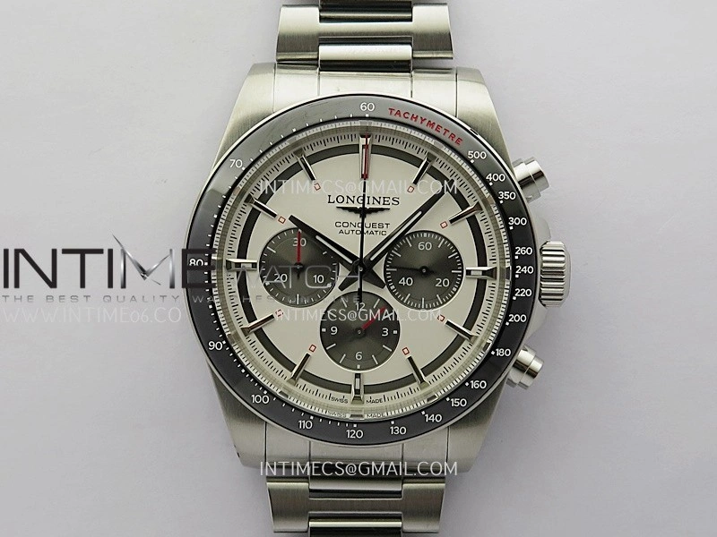 Conquest Chronograph 42mm Black Ceramic Bezel SS AF 1:1 Best Edition Cream Dial On SS Bracelet A7750