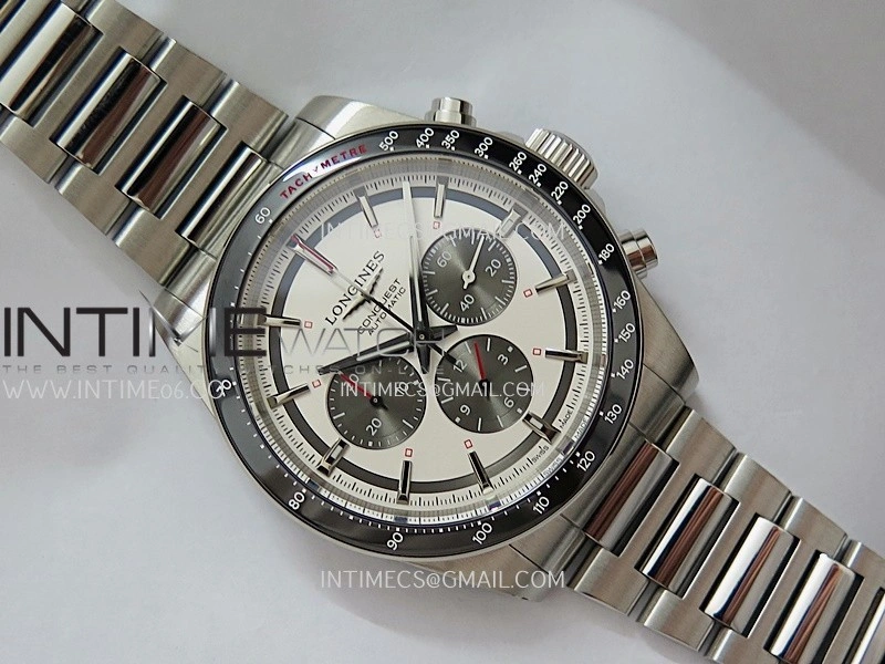 Conquest Chronograph 42mm Black Ceramic Bezel SS AF 1:1 Best Edition Cream Dial On SS Bracelet A7750