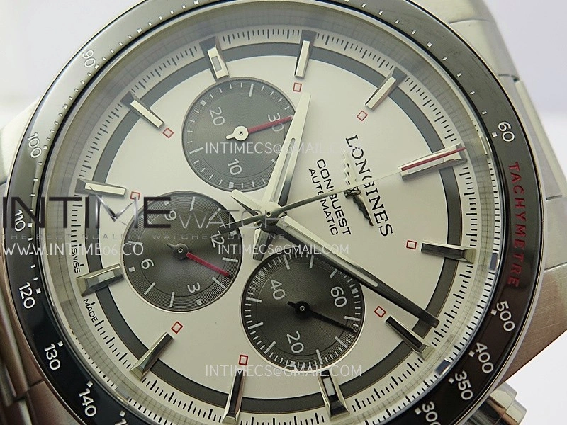 Conquest Chronograph 42mm Black Ceramic Bezel SS AF 1:1 Best Edition Cream Dial On SS Bracelet A7750