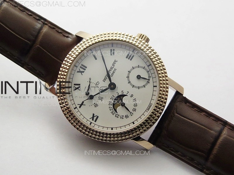 Calatrava 5057 Cortina Watch 50th Anniversary RG YSF 1:1 Best Edition White Dial on Black Leather Strap A240