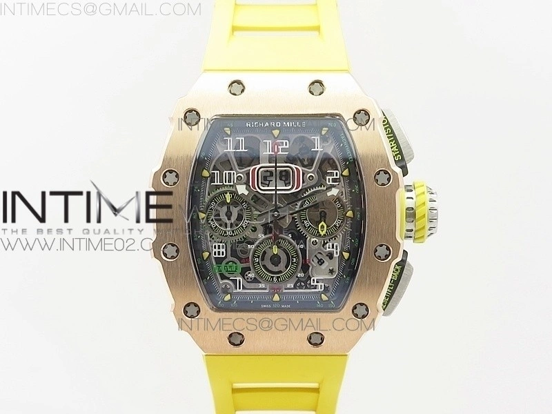 RM011 RG Chronograph RG Case KVF 1:1 Best Edition Crystal Skeleton Dial on Yellow Rubber Strap A7750