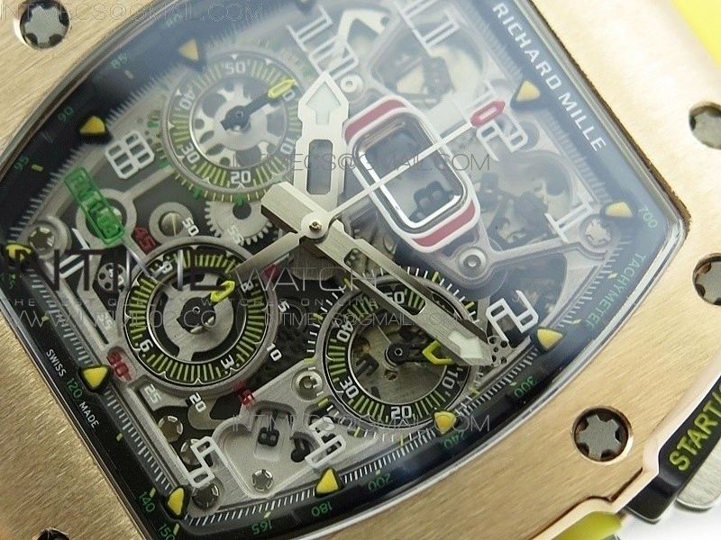 RM011 RG Chronograph RG Case KVF 1:1 Best Edition Crystal Skeleton Dial on Yellow Rubber Strap A7750