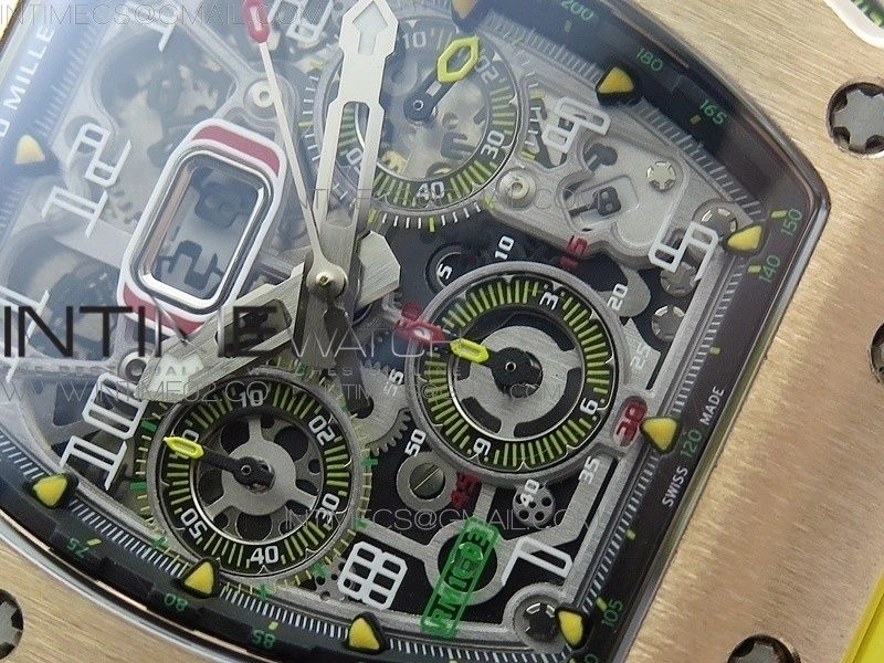RM011 RG Chronograph RG Case KVF 1:1 Best Edition Crystal Skeleton Dial on Yellow Rubber Strap A7750