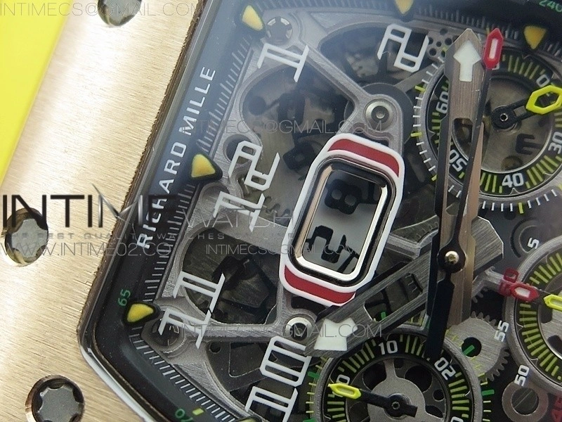 RM011 RG Chronograph RG Case KVF 1:1 Best Edition Crystal Skeleton Dial on Yellow Rubber Strap A7750