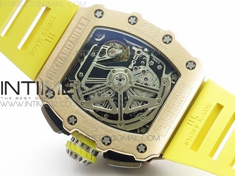 RM011 RG Chronograph RG Case KVF 1:1 Best Edition Crystal Skeleton Dial on Yellow Rubber Strap A7750