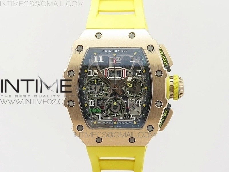 RM011 RG Chronograph SS Case KVF 1:1 Best Edition Crystal Skeleton Dial on Yellow Rubber Strap A7750