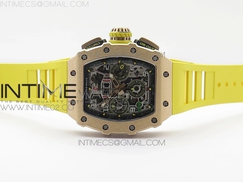RM011 RG Chronograph SS Case KVF 1:1 Best Edition Crystal Skeleton Dial on Yellow Rubber Strap A7750