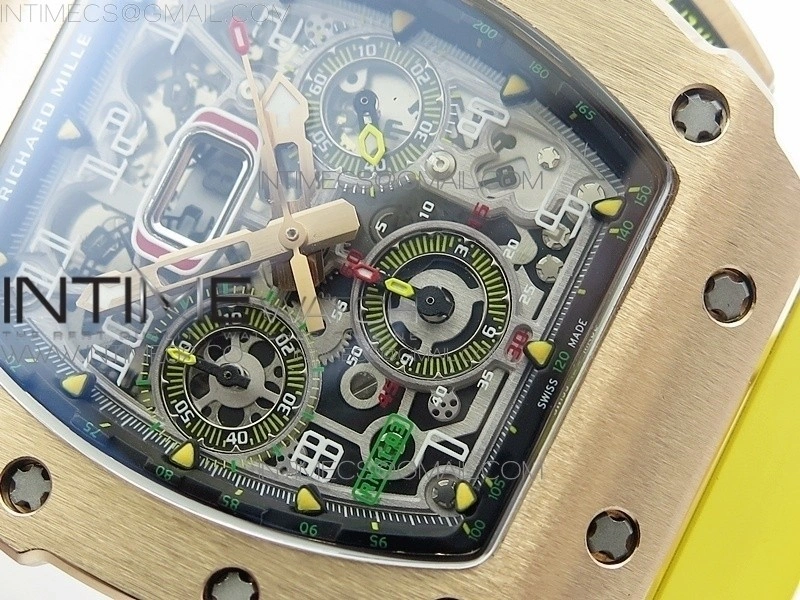 RM011 RG Chronograph SS Case KVF 1:1 Best Edition Crystal Skeleton Dial on Yellow Rubber Strap A7750