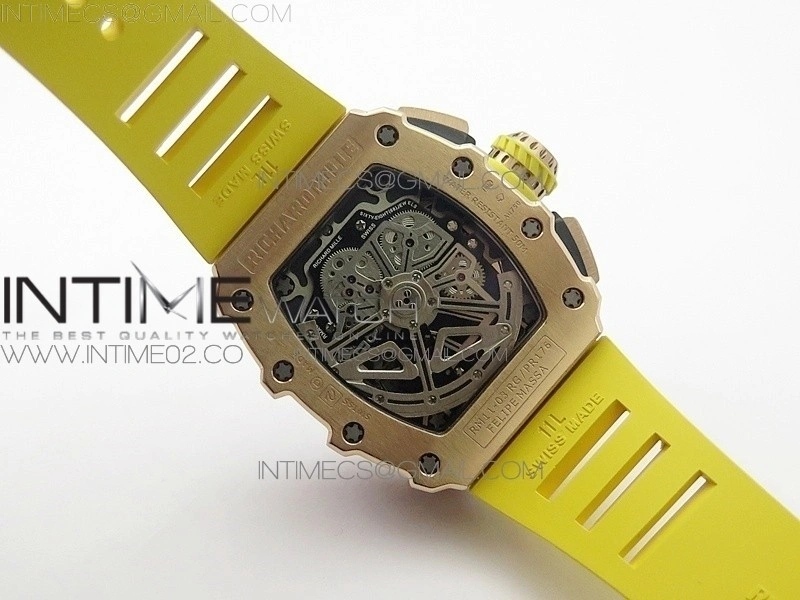RM011 RG Chronograph SS Case KVF 1:1 Best Edition Crystal Skeleton Dial on Yellow Rubber Strap A7750
