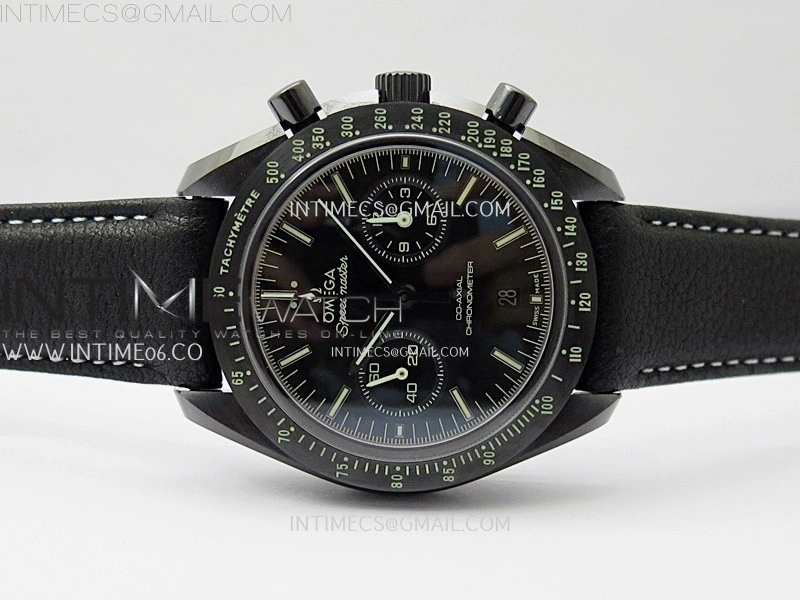 Speedmaster "Dark Side of The Moon" Real Ceramic N1F 1:1 Best Edition Black Dial on Black Leather Strap A9300