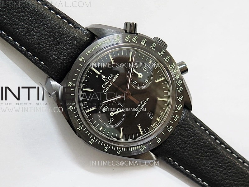 Speedmaster "Dark Side of The Moon" Real Ceramic N1F 1:1 Best Edition Black Dial on Black Leather Strap A9300