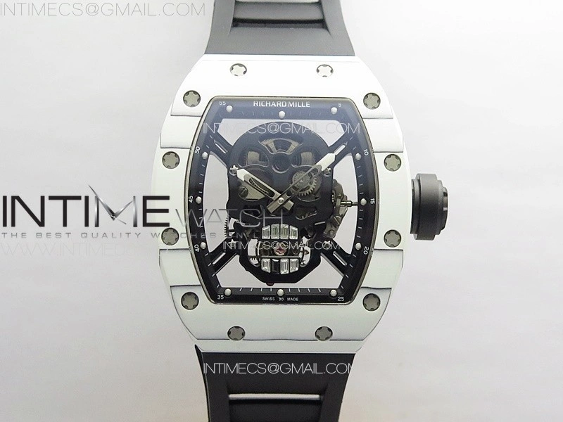 RM052 Skull White Carbon Real Tourbillon YSF 1:1 Best Edition Skull Dial on Black Rubber Strap