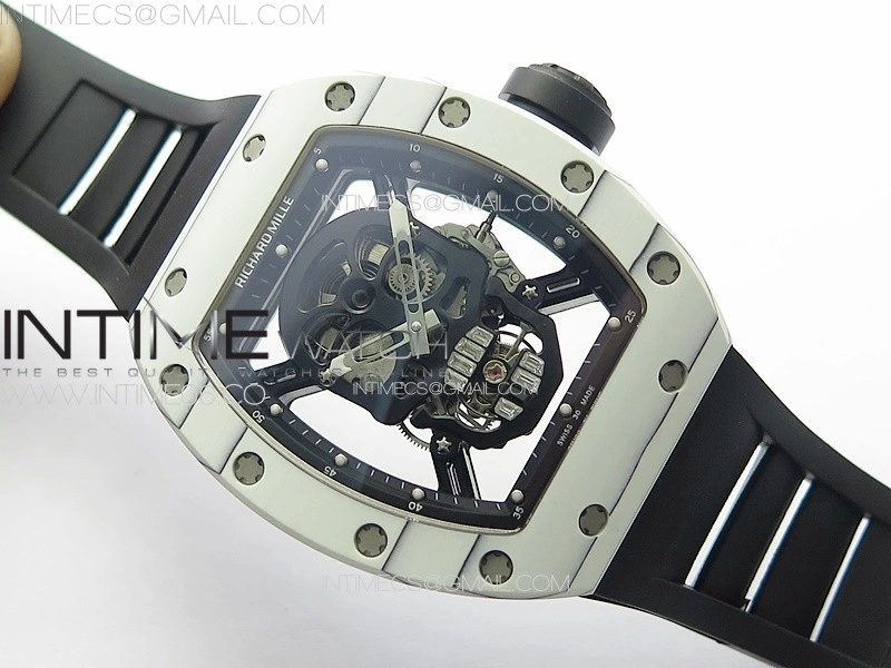 RM052 Skull White Carbon Real Tourbillon YSF 1:1 Best Edition Skull Dial on Black Rubber Strap