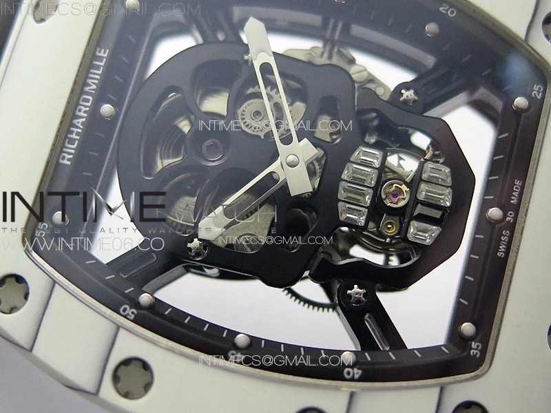 RM052 Skull White Carbon Real Tourbillon YSF 1:1 Best Edition Skull Dial on Black Rubber Strap