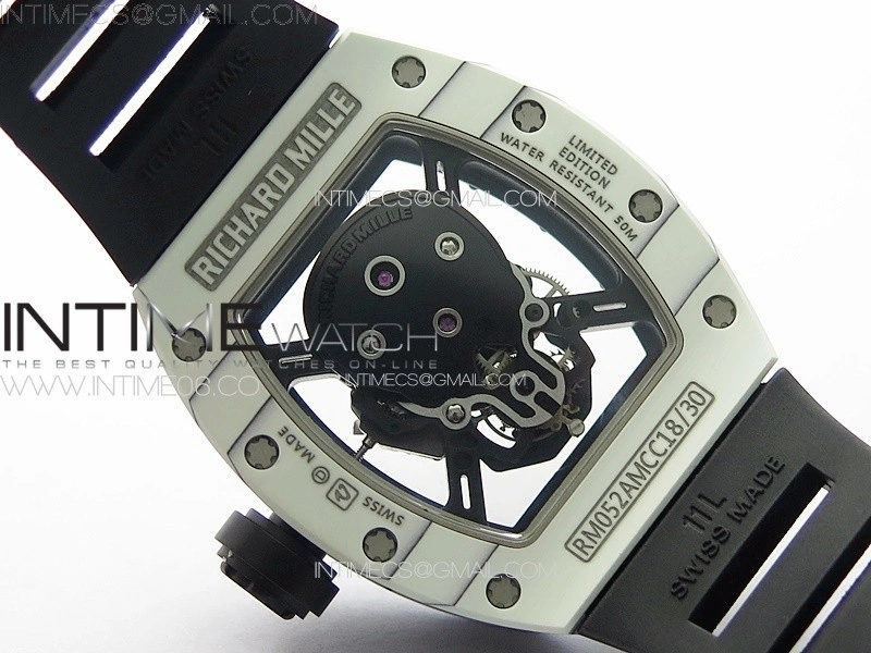 RM052 Skull White Carbon Real Tourbillon YSF 1:1 Best Edition Skull Dial on Black Rubber Strap