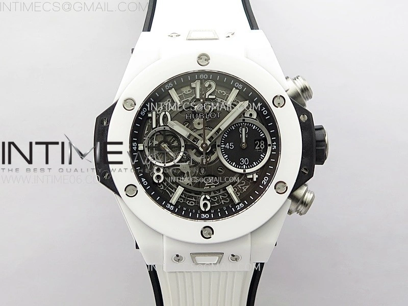 Hublot Big Bang Unico 42mm Real White Ceramic BBF 1:1 Best Edition Black Skeleton Dial on white Rubber Strap A1280