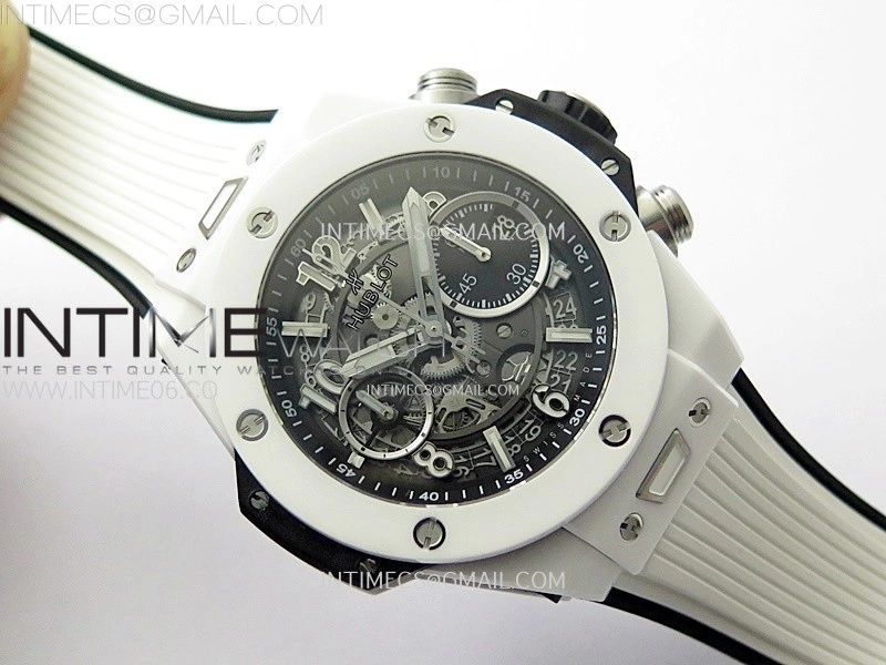 Hublot Big Bang Unico 42mm Real White Ceramic BBF 1:1 Best Edition Black Skeleton Dial on white Rubber Strap A1280