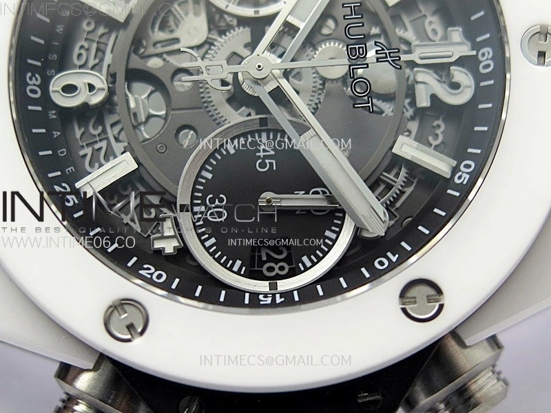 Hublot Big Bang Unico 42mm Real White Ceramic BBF 1:1 Best Edition Black Skeleton Dial on white Rubber Strap A1280