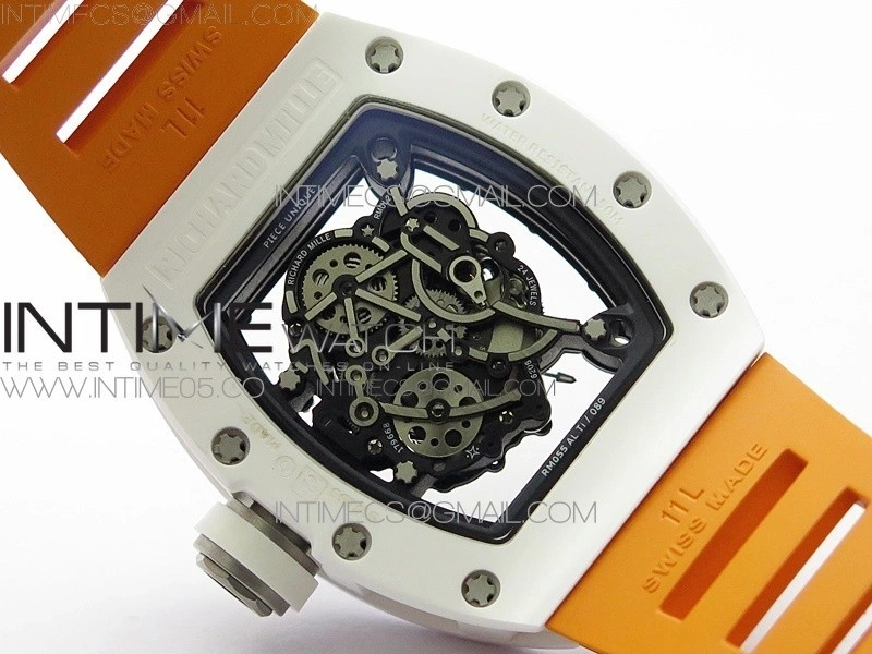 RM055 White Ceramic KVF Best Edition Skeleton Dial on Orange Rubber Strap MIYOTA8215 V3